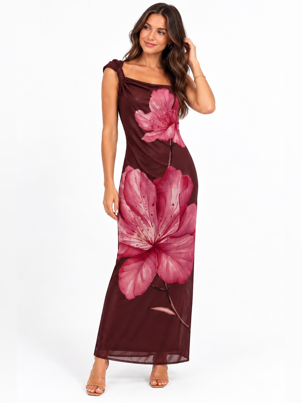 Express NEW Floral One Shoulder Mesh Maxi Dress M Brown Pink Romantic